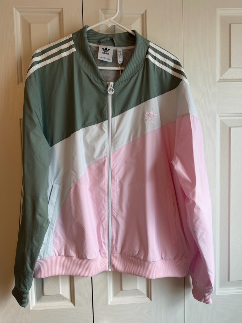 adidas Colorblock Track Jacket in Sage, White & Light Pink